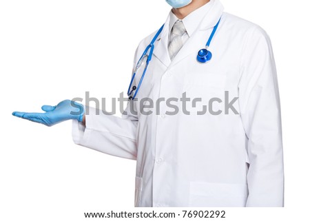 Medical doctor in blue gloves and mask with stethoscope holding something on his hands, presenting and showing copy space for product or text. Isolated over white background.