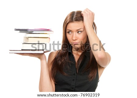 Brunette woman student hold books, textbooks, notebook, homework study assignment isolated on white background