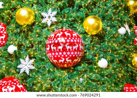 Beautiful decorated Christmas tree background with red ,gold and white ball. Christmas Concept.