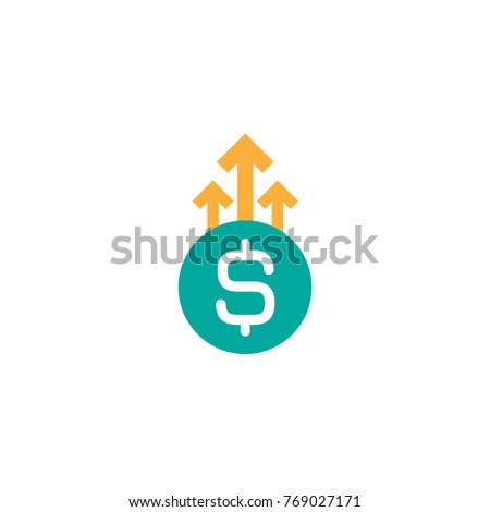 dollar growth vector icon. White dollar sign in blue circle with three up arrows. Flat icon. Isolated on white. Economy, finance, money symbol. Currency pictogram. Vector illustration.