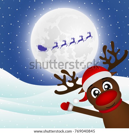 Reindeer waving his paw in the forest of Santa Claus