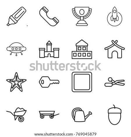 Thin line icon set : marker, phone, trophy, rocket, ufo, castle, cottage, bungalow, starfish, key, cutting board, scissors, wheelbarrow, trailer, watering can, acorn