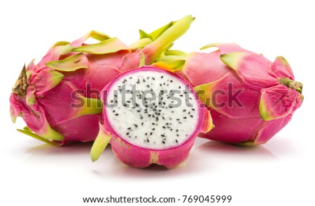 Dragon fruit (Pitaya, Pitahaya) isolated on white background two whole one sliced half

