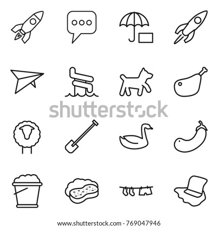 Thin line icon set : rocket, message, insurance, deltaplane, aquapark, dog, chicken leg, sheep, shovel, goose, eggplant, foam bucket, sponge with, drying clothe, floor washing