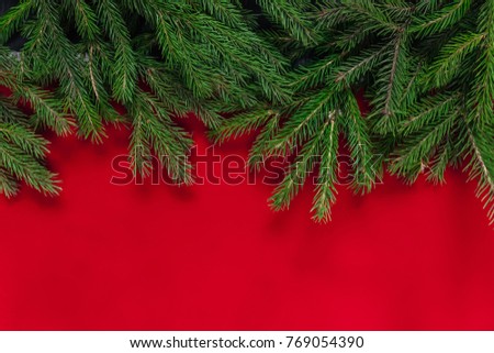 Christmas background. red background. Real tree. Background for text