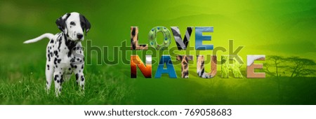 Banner with dog and text Love Nature with texture