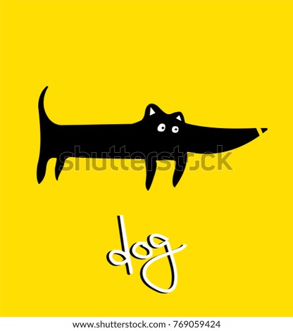 Funny black dog on yellow background