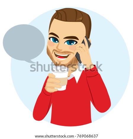 Young man with casual clothes drinking coffee and enjoying a phone call