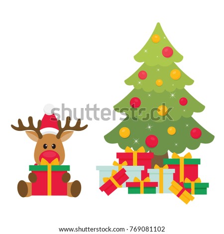 cartoon christmas deer with gift and fir tree