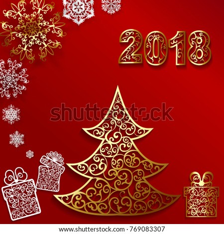 Christmas background with snowflakes, christmas tree and box on red.2018 Christmas and Happy New Year background. 
