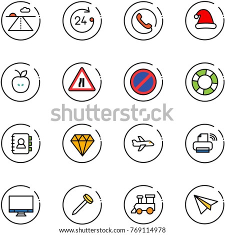 line vector icon set - runway vector, 24 hours, phone, christmas hat, apple, Road narrows sign, no parking, lifebuoy, contact book, diamond, plane, printer wireless, monitor, nail, toy train, paper