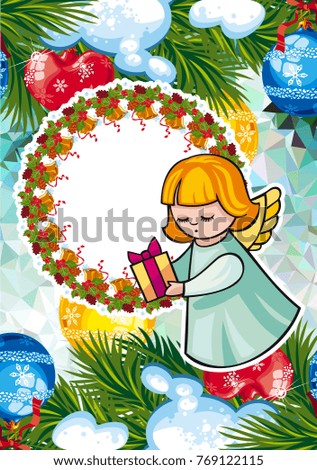 Christmas holiday card with pine branches, sweet little angel and wreath. Copy space. Vector clip art.