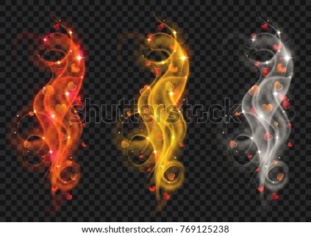 Set of golden, white and red swirls of glittering lines with hearts on transparent background. Transparency only in vector file