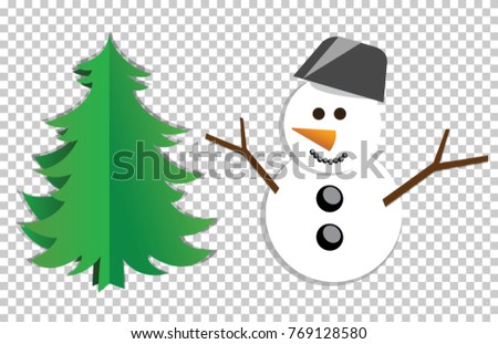 Vector illustration of paper style snowman and green Christmas tree. Transparent background