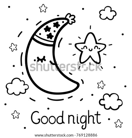 Coloring with cute star and waning crescent Moon, vector.