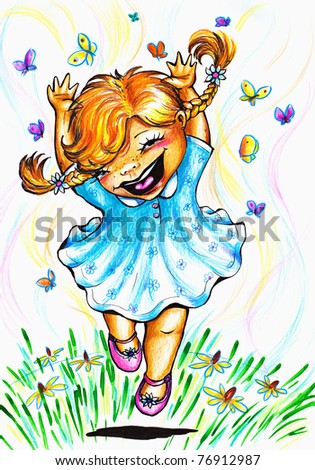 Happy girl catching butterflies.Picture I have created with colored pencils.