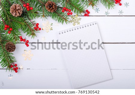 Christmas background with blank sheet of paper top view with space for text. Letter to Santa Claus.