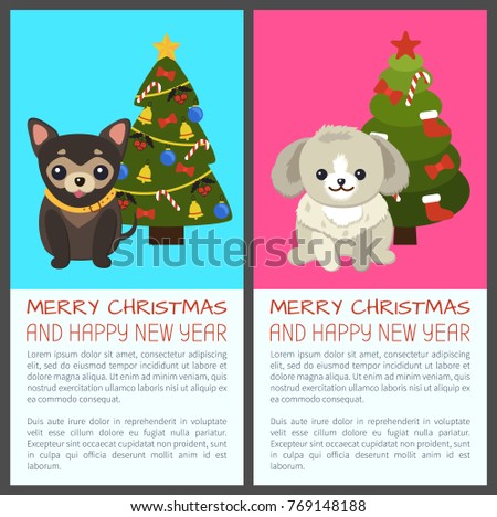 Merry Christmas and Happy New Year, banners set with dogs sitting calmly by pine tree ornate with garlands and bells with balls vector illustration