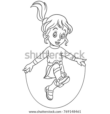 Coloring pages for kids. Design for children's colouring book. Cartoon girl Jumping with Skipping rope.