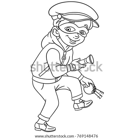 Coloring pages for kids. Design for children's colouring book. Cartoon Criminal (Thief) with house or bank keys and flashlight is running on tiptoe.