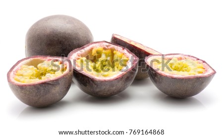 Passion fruits isolated on white background one whole four sliced pieces

