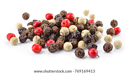 Pepper mix. Black, red and white peppercorns isolated on white. Full depth of field. Royalty-Free Stock Photo #769169413