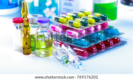 Drug prescription for treatment medication. Pharmaceutical medicament, cure in container for health. Pharmacy theme, capsule pills with medicine antibiotic in packages. Royalty-Free Stock Photo #769176202