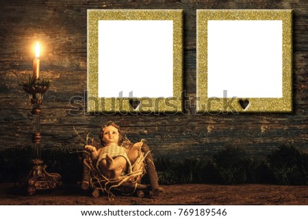 Gold gilt frames with white copy space over statuary of baby Jesus and candle on rustic wood.