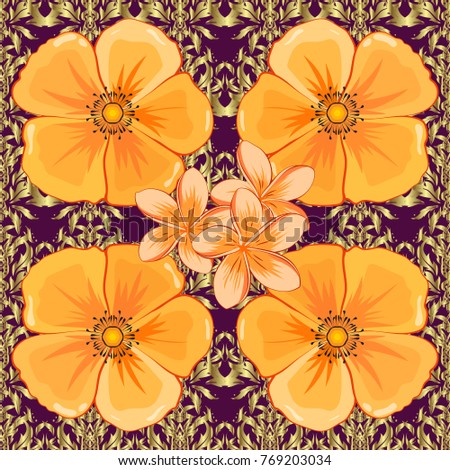 Cute vector floral background. Cosmos flowers seamless pattern in purple, yellow and orange colors.