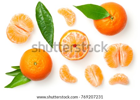 Mandarines, tangerine, clementine with leaves isolated on white background. Top view  Royalty-Free Stock Photo #769207231