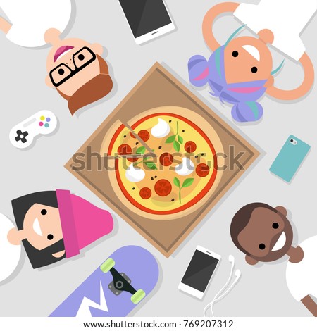 Top view of the group of millennials lying on the floor and eating pizza. Lifestyle. Generation z / flat editable vector illustration, clip art