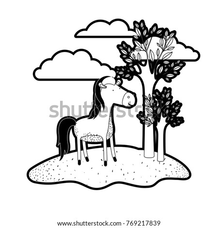 horse cartoon in outdoor scene with trees and clouds in black silhouette with thick contour