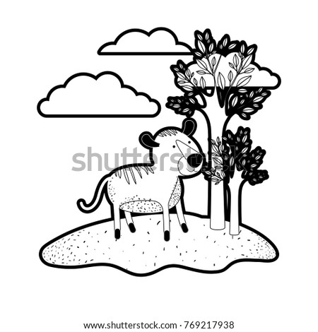 tiger cartoon in outdoor scene with trees and clouds in black silhouette with thick contour