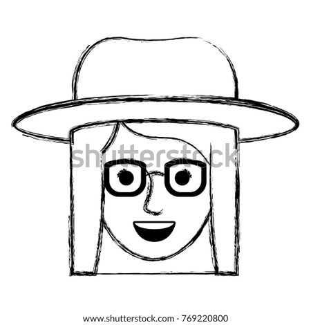 female face with hat and glasses and short straight hairstyle in monochrome blurred silhouette