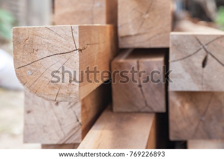 Wood timber construction material Stock in warehouse. Royalty-Free Stock Photo #769226893