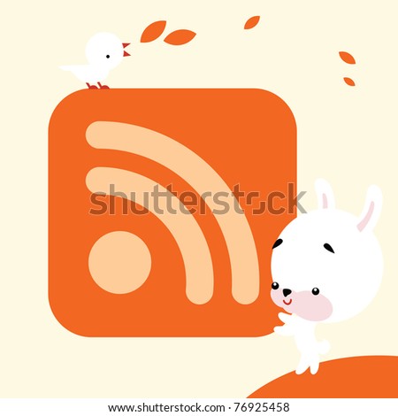 Vector illustration - white rabbit keep in hand icon with RSS symbol