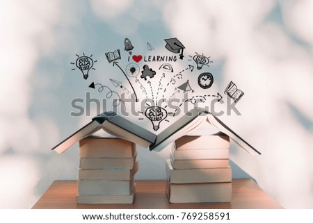 Stacked of book in house shape and learning doodles icon - I love learning concept