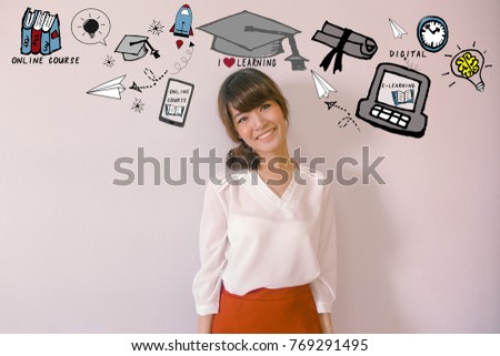 E-Learning and digital lifestyle Concept. Young Asian Business woman standing  with education and E-learning illustration doodles background