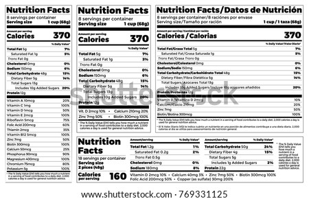 Nutrition Facts Label design template for food content. Vector serving, fats and diet calories list for fitness healthy dietary supplement, protein sport nutrition facts American standard guideline Royalty-Free Stock Photo #769331125