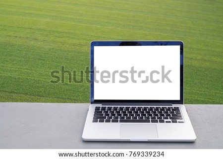 Blank screen on laptop with green grass texture background, free copy space on notebook screen for text on natural texture background. view from front laptop screen.