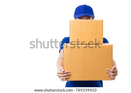 
Delivery  Woman  accepting a delivery of boxes from delivery woman with copy space. Advertising, Business, Transportation Concept  clipping path