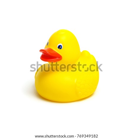 Yellow rubber duck isolated on white background Royalty-Free Stock Photo #769349182