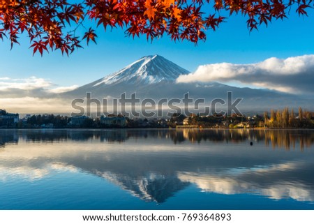 Mt. Fuji with red frame of red maple during Autumn in Japan