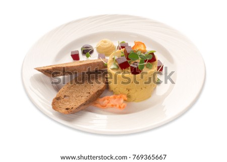 Molecular modern cuisine vegetable salad. Stock image. Isolated on white.Lentil hummus and bread isolated on white background