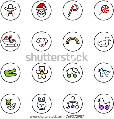 line vector icon set - baby vector, santa claus, lollipop, sleigh, dog, rainbow, duck toy, crocodile, bear, elephant wheel, horse, caterpillar, rabbit, carousel