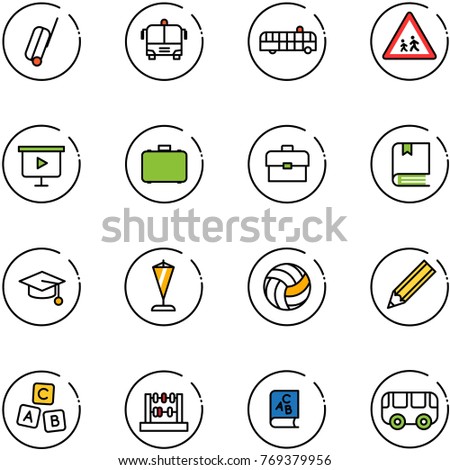 line vector icon set - suitcase vector, airport bus, children road sign, presentation board, case, portfolio, book, graduate hat, pennant, volleyball, pencil, abc cube, abacus, toy