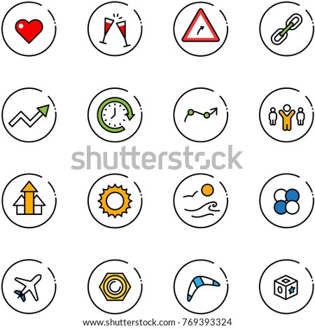 line vector icon set - heart vector, wine glasses, turn right road sign, link, growth arrow, clock around, chart point, team leader, arrows up, sun, waves, atom core, plane, nut, boomerang, cube toy