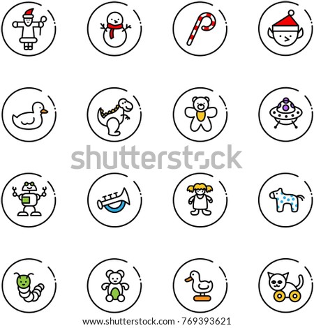 line vector icon set - santa claus vector, snowman, lollipop, christmas elf, duck toy, dinosaur, bear, ufo, robot, horn, doll, horse, caterpillar, cat