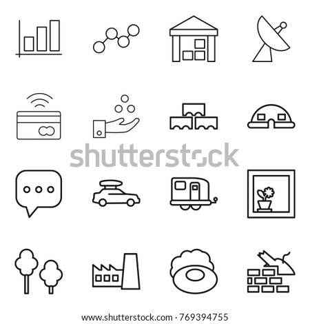 Thin line icon set : graph, warehouse, satellite antenna, tap to pay, chemical industry, block wall, dome house, sms, car baggage, trailer, flower in window, trees, factory, soap, construct garbage