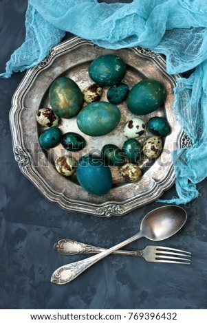 Easter still life with colorfull eggs. Top view